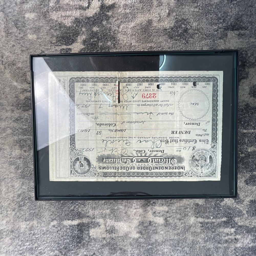 Vtg 1922 Independent Order of Odd Fellows IOOF Membership Certificate Denver